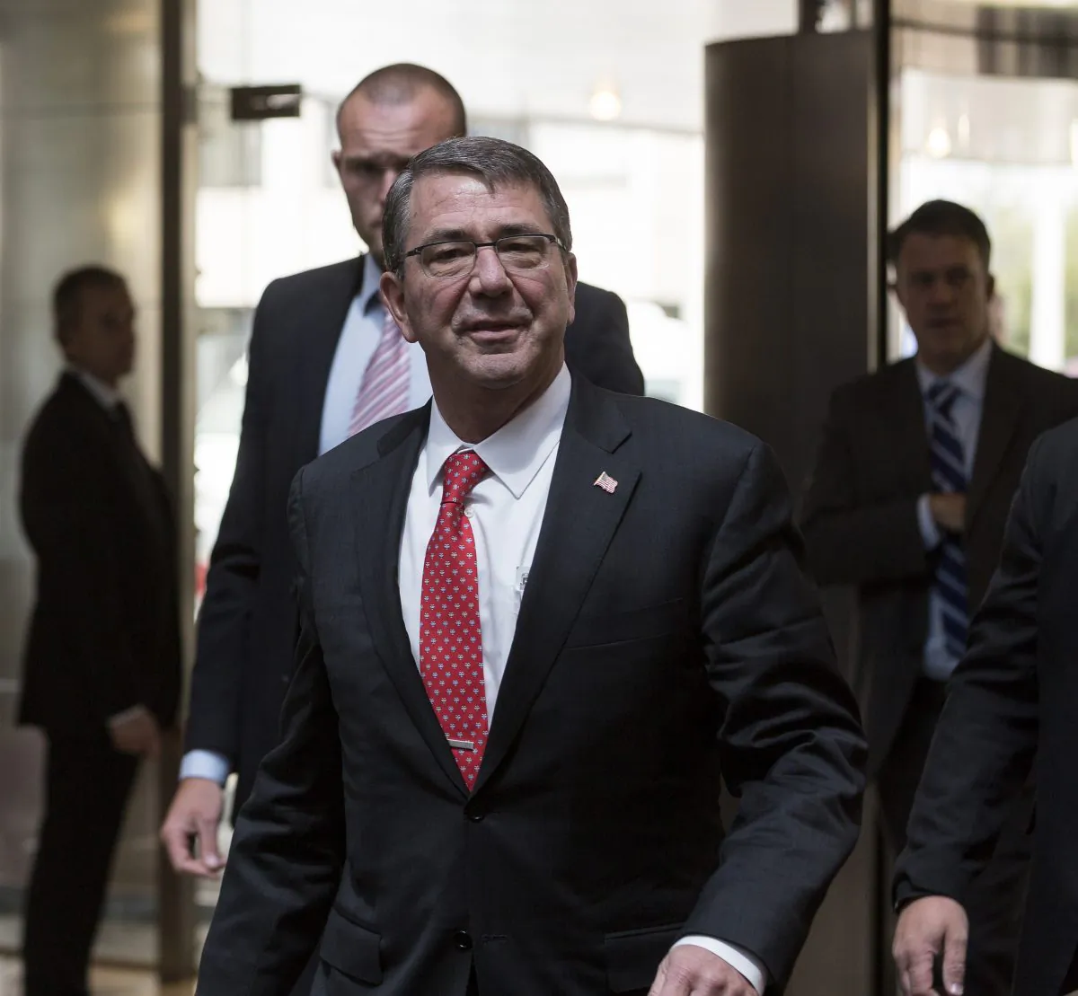 US Secretary of Defense Ashton Carter arrives at EU headquarters in Brussels on Wednesday, June 24, 2015. (AP Photo/Thierry Monasse)