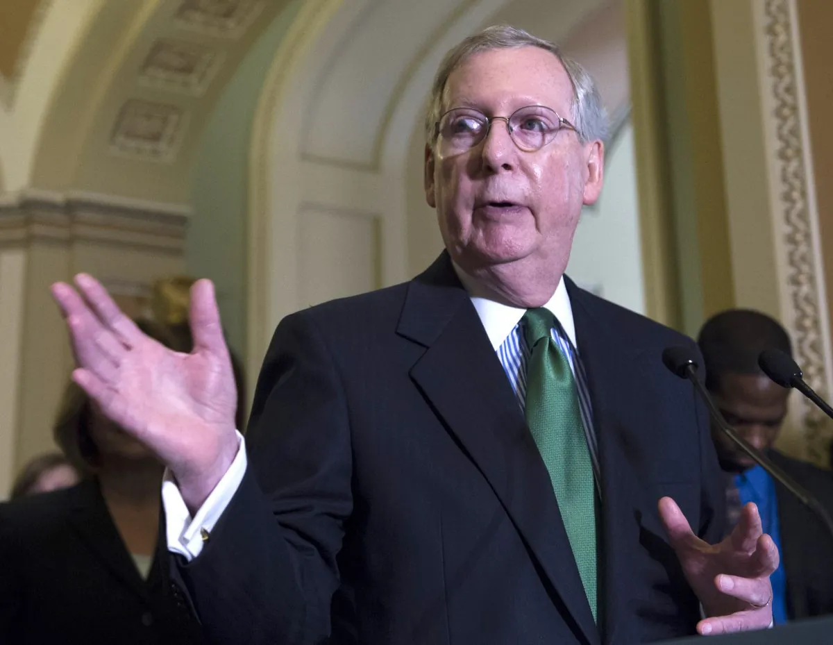 In this June 9, 2015 file photo, Senate Majority Leader Mitch McConnell of Ky. speaks during a news conference on Capitol Hill in Washington. (AP Photo/Molly Riley, File)