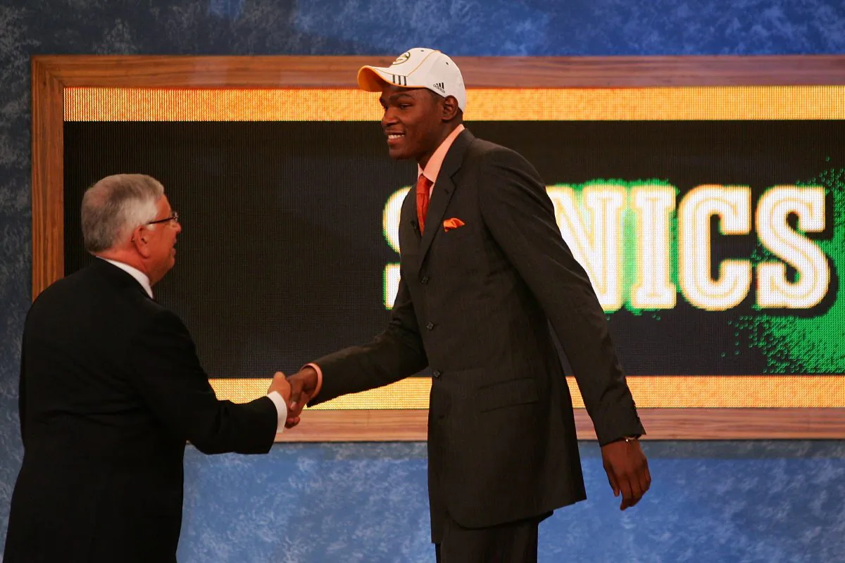 Former NBA Commissioner David Stern (R) saw some busts in his time but Kevin Durant wasn't one of them. The Thunder grabbed stars Durant, Russell Westbrook, and James Harden in consecutive drafts. (Chris McGrath/Getty Images)
