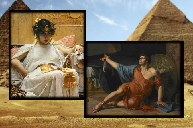 Left: A painting of Cleopatra by John William Waterhouse, 1888. Right: "Death of Antony," by Jean Germain Drouais, 18th century. (Wikimedia Commons) Background: A file photo of pyramids in Egypt. (Redhouane/iStock)