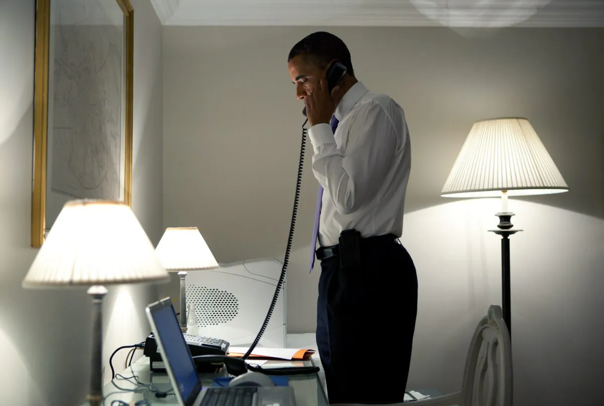 DUBLIN, IRELAND - MAY 23: In this handout image provided by The White House, U.S. President Barack Obama talks on the phone with Missouri Governor Jay Nixon, during his visit May 23, 2011 in Dublin, Ireland. The President extended his condolences to all impacted by the deadly tornadoes in Joplin, Mo. (Photo by Pete Souza/The White House via Getty Images)