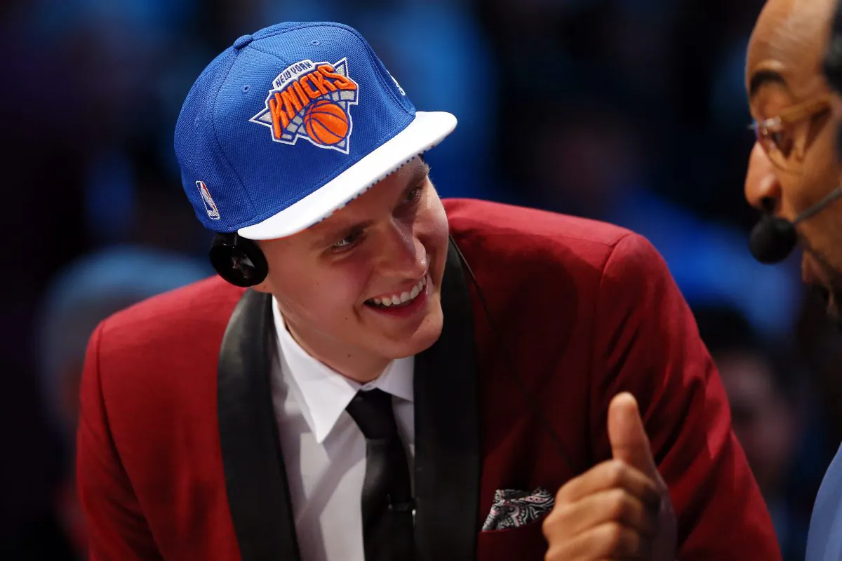 The Knicks took Kristaps Porzingis with the fourth pick in the 2015 NBA Draft—much to the chagrin of most Knicks fans. (Elsa/Getty Images)