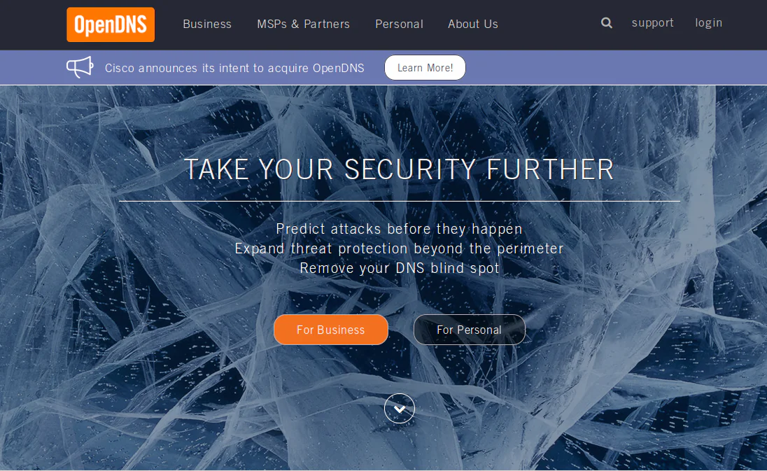 The website of OpenDNS on June 30, 2015. The company is being acquired by Cisco for $635 million in cash. (Screenshot)