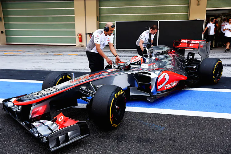 Kevin Magnussen rolls out of the garage to begin testing in the McLaren MP4-27 at Abu Dhabi’s Yas Marina circuit on Tuesday, Nov. 6. (Andrew Hone/Getty Images)