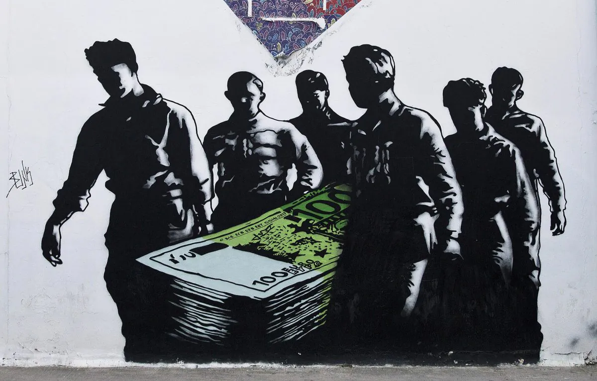 A graffiti artwork titled "Death of Euros" by French street artist Goin at the Athens School of Fine Arts, on June 17, 2015. Over the past five years of Greece’s economic depression, more and more paintings commenting on the country’s financial and social woes have appeared. (Petros Giannakouris/AP)