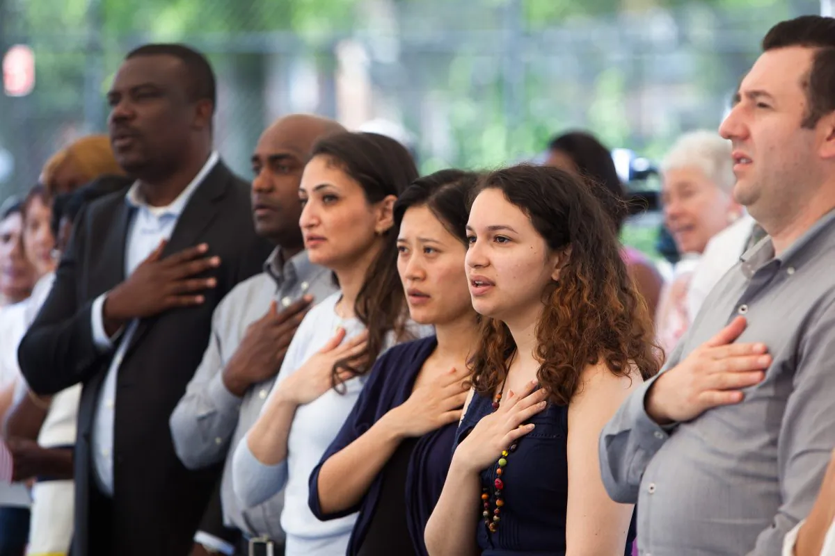 Naturalization ceremony for new U.S. citizens in Brooklyn, N.Y. on July 1, 2015. (Petr Svab/Epoch Times)