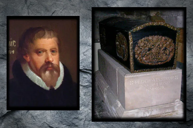 Left: Portrait of Peder Jensen Winstrup, 1750. (Wikimedia Commons) Right: The coffin of Peder Winstrup, which was found to contain a fetus. (Wikimedia Commons) Background: (ClaudioVentrella/iStock)