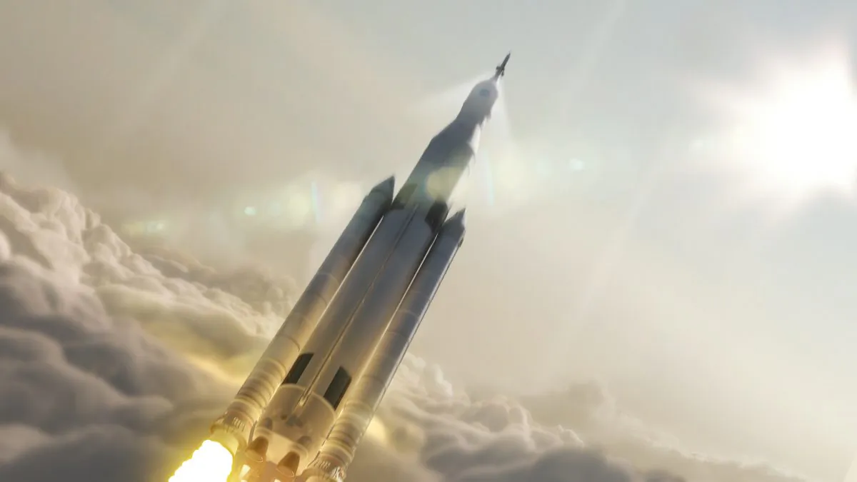 Artist concept of NASA’s Space Launch System (SLS) 70-metric-ton configuration launching to space. SLS is still in development, with its first flight slated for 2018. (NASA/MSFC)