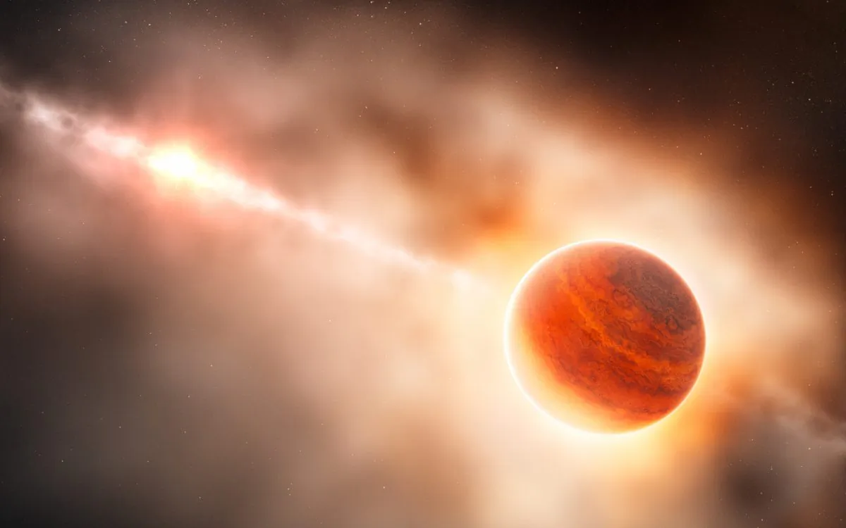 The formation of a giant gas planet (right) near the star HD 100546 (left) is not yet complete, allowing astronomers to observe the process. (ESO/L. Calçada/CC BY 4.0)