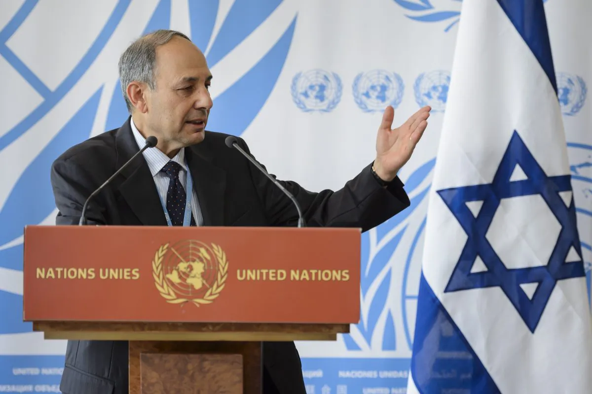 The permanent representative of Israel to the United Nations office in Geneva, Eviatar Manor, gestures during a press conference on June 29, 2015, following a session of the Human Right Council on the report of the Commission of Inquiry on the 2014 Gaza conflict. (Fabrice Coffrini/AFP/Getty Images)