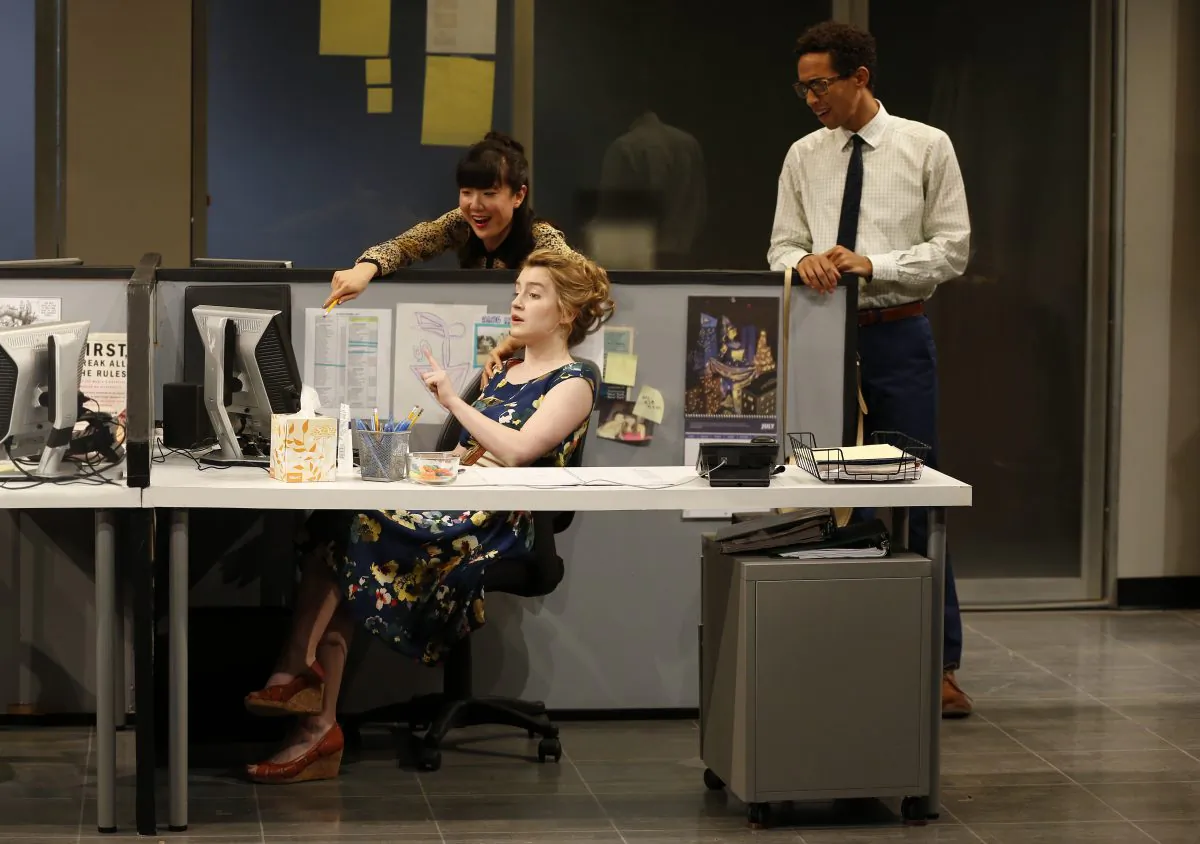 Jennifer Kim, Catherine Combs, and Kyle Beltran appear in “Gloria,” about making it in the publishing world, no matter the cost. (Carol Rosegg)