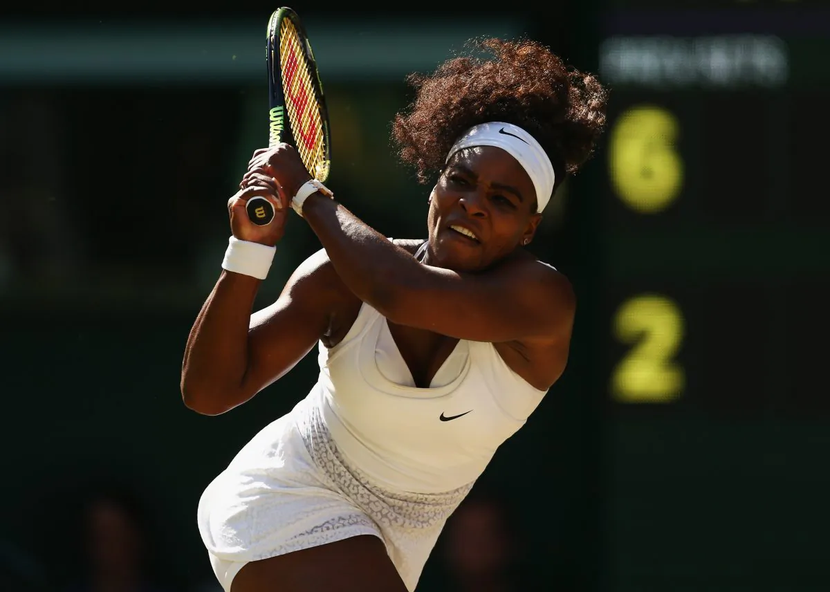 Serena Williams of the United States plays a backhand in the Ladies Singles Semi Final match against Maria Sharapova of Russia during day ten of the Wimbledon Lawn Tennis Championships at the All England Lawn Tennis and Croquet Club on July 9, 2015 in London, England. (Clive Brunskill/Getty Images)