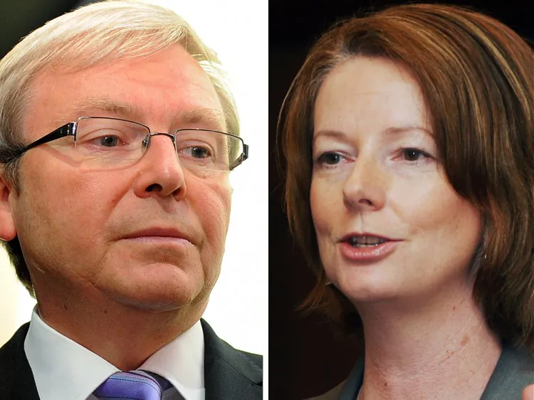 Senior Labor MPs are taking sides ahead of a vote, on Monday Feb. 27, to decide between the leadership of former prime minister Kevin Rudd (L, pictured in 2010) and Prime Minister Julia Gillard (R, pictured in 2009). (William West/AFP/Getty Images)