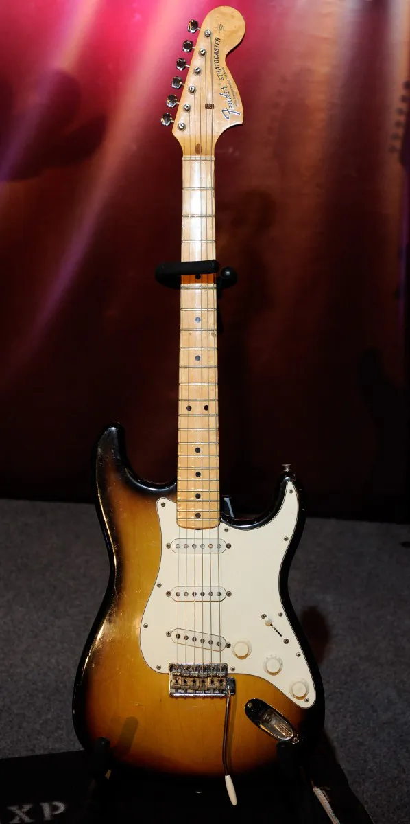 Jimi Hendrix's Fender Stratocaster guitar is displayed at Julien's Auctions in Las Vegas, Nev. in June 2010. Guitar-maker Fender Musical Instrument Corp. on Thursday filed for an initial public offering of stock to pay down debt. (Ethan Miller/Getty Images)