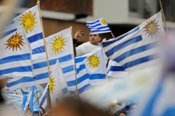 At the welcoming ceremony to the national football team on July 13, 2010 in Montevideo. (Pablo Porciuncula/AFP/Getty Images)