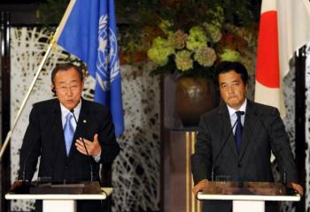 Visiting UN Secretary-General Ban Ki-Moon (L) answers a question during a joint press conference with Japanese Foreign Minister Katsuya Okada (R) following their meeting and dinner at the Foreign Ministry's Iikura guesthouse in Tokyo on August 3, 2010.  (Toshifumi Kitamura/Getty Images)