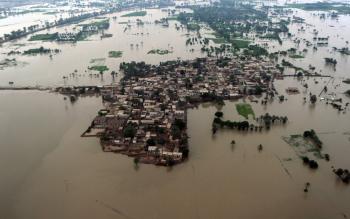 This aerial view from a Pakistan army rescue helicopter shows the flooded area of Kot Addu, in the southern province of Punjab on August 8, 2010. (Arif Ali/AFP/Getty Images)