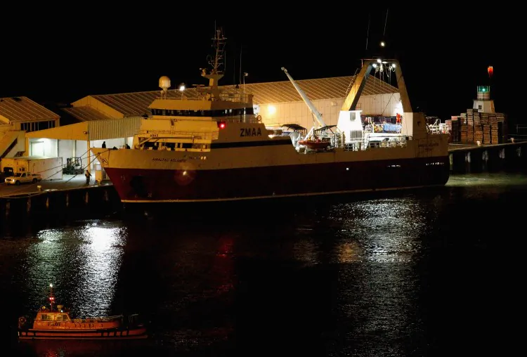 The Amaltal Atlantis carrying survivors from the sunken Oyang 70 fishing trawler arrives in Lyttlton on Aug. 20, 2010 in Christchurch. (Martin Hunter/Getty Images)