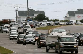 Vehicles sit in traffic on the Croatan Highway as people evacuate the Outer Banks area in Southern Shores, N.C. on Sept. 2. (Mark Wilson/Getty Images)