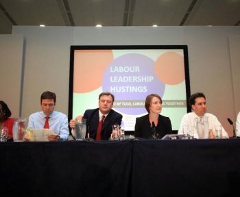 Political journalist Allegra Stratton (3R) chairs the Labour leadership hustings with contenders David Miliband (R), Ed Miliband (2R) Diane Abbott (L) Andy Burnham (2L) and Ed Balls (3L) at the annual Trades Union Congress at Manchester Central on Sept 13, 2010 in Manchester, England. (Christopher Furlong/Getty Images)