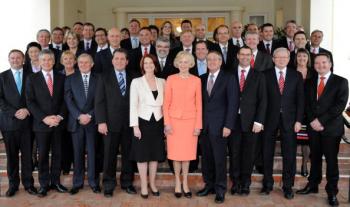 Australian Prime Minister Julia Gillard (centre L) joins Australian Governor-General Quentin Bryce (centre R), Deputy Prime Minister and Treasurer Wayne Swan (front row, 4th R), former Australian prime minister Kevin Rudd (front row, 2nd R) and her new ca (Torsten Blackwood/AFP/Getty Images) Australian Prime Minister Julia Gillard (centre L) joins Australian Governor-General Quentin Bryce (centre R), Deputy Prime Minister and Treasurer Wayne Swan (front row, 4th R), former Australian prime minister Kevin Rudd (front row, 2nd R) and her new ca (Torsten Blackwood/AFP/Getty Images)