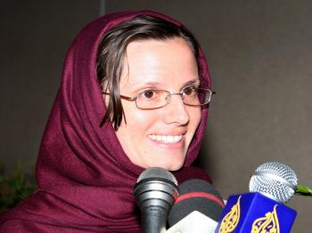 American hiker Sarah Shourd, who was released by Iran after more than 13 months in detention, speaks to the press upon her arrival at the Omani capital Muscat on September 14, 2010.  (Mohammed Mahjoub/AFP/Getty Images)
