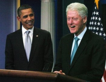 President Obama and Former U.S. President Bill Clinton laugh as they urged Democrats to stand behind Obama's tax-cut deal on December 10, Washington, DC. (Bill Auth-Pool/Getty Images )