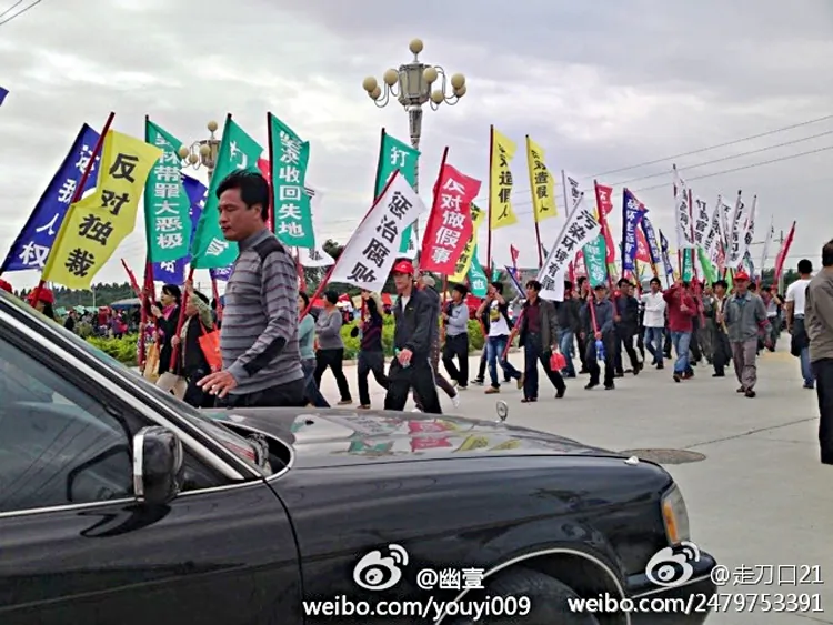 In a well-organized rally, several thousand farmers marched in Lufeng, Guangdong Province, on Nov. 21, 2011, demanding their right to vote and a resolution of authorities' illegal land grabs. (Weibo.com)