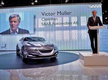 SAAB SAGA: Victor Muller, chairman of SAAB Automobile AB, speaks during the New York International Auto Show April 21 in New York City. Saab has apparently found a new Chinese partner, after the deal with manufacturer Hawtai did not work out. (Ramin Talaie/Getty Images)
