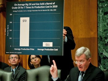 OIL PRICES: Chairman Max Baucus points to a graph showing the production price vs. the production cost for oil at a full Senate Finance Committee hearing on 'Oil and Gas Tax Incentives and Rising Energy Prices' on Capitol Hill in Washington, May 12. (Jim Watson/Getty Images )