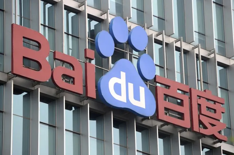 A picture shows the logo of Baidu on its headquarter building in Beijing on July 22, 2010. (Liu Jin/AFP/Getty Images)