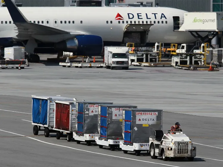 A baggage cart drives by a Delta Airlines plane at San Francisco International Airport, July 2011. The commercial airline giant this week signed an agreement with online retailer Amazon.com Inc. to provide passengers the ability to navigate to Amazon’s homepage and purchase items from any Wi-Fi enabled laptop, smartphone, or tablet computer. (Justin Sullivan/Getty Images)