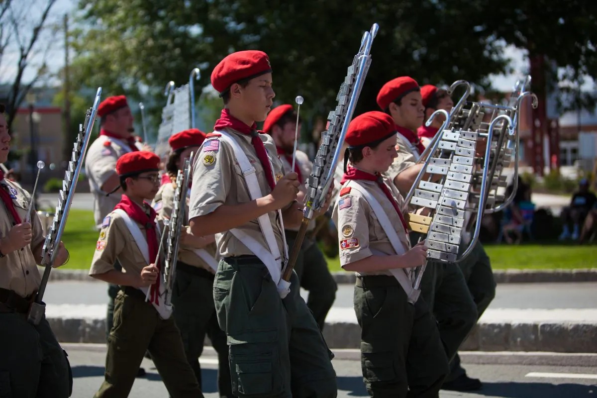 Percussionists from Boy Scouts of America Troop 236 of Maybrook, N.Y., in the 165th annual fireman's Inspection Day Parade in Port Jervis, N.Y., on July 11, 2015. (Jeff Nenarella/The Epoch Times)