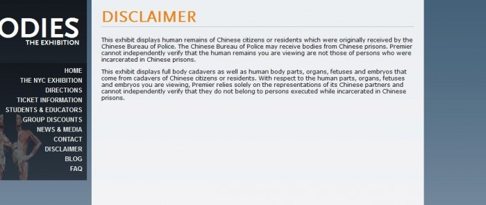 Screen shot of disclaimer posted on the website of one of the plastination companies, Premier Exhibitions. (Screenshot/Premier Exhibitions)
