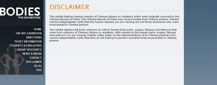 Screen shot of disclaimer posted on the website of one of the plastination companies, Premier Exhibitions. (Screenshot/Premier Exhibitions)