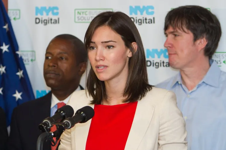 Rachel Haot, the city's chief digital officer, speaks at a press conference announcing a new initiative for small businesses that will offer free classes on building websites, digital advertising/marking and social media on Aug. 23 in Queens. (Benjamin Chasteen/The Epoch Times)