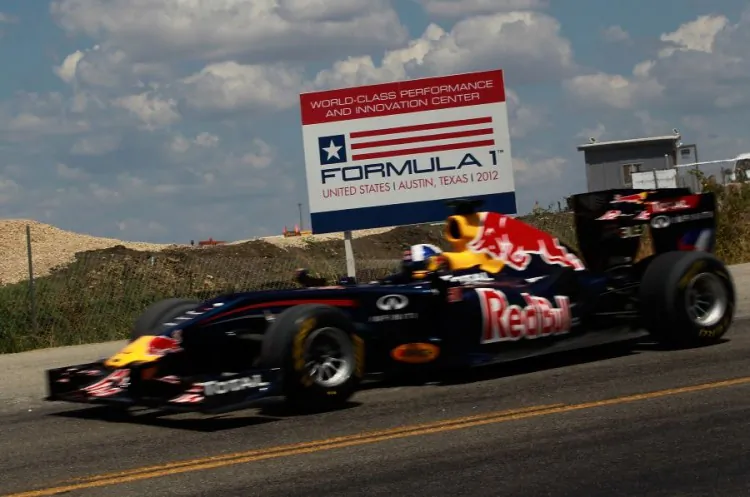 Ex-F1 driver David Coulthard pilots the Red Bull Show Car at the partially-built Circuit of the Americas race track in Austin, Texas on August 21, 2011. (Tom Pennington/Getty Images for Red Bull)