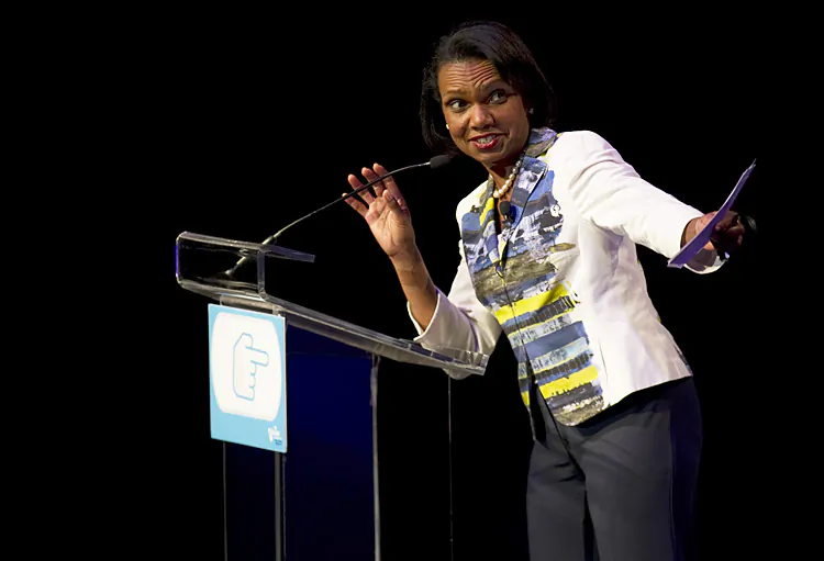 Former U.S. Secretary of State Condoleezza Rice gestures while delivering a speech at the National Auditorium in Mexico City on September 9, 2011. Condoleezza Rice recently said that the Wang Lijun - Bo Xilai scandal in China raises questions about the strength of the rule of law in the country in the context of its authoritarian political system. (Yuri Cortez/AFP/Getty Images)