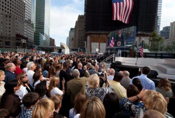 President Obama speaks at the 9/11 Memorial during the tenth anniversary ceremonies of the September 11, 2001 terrorist attacks at the World Trade Center site, September 11, 2011 in New York City. (Allan Tannenbaum-Pool/Getty Images)