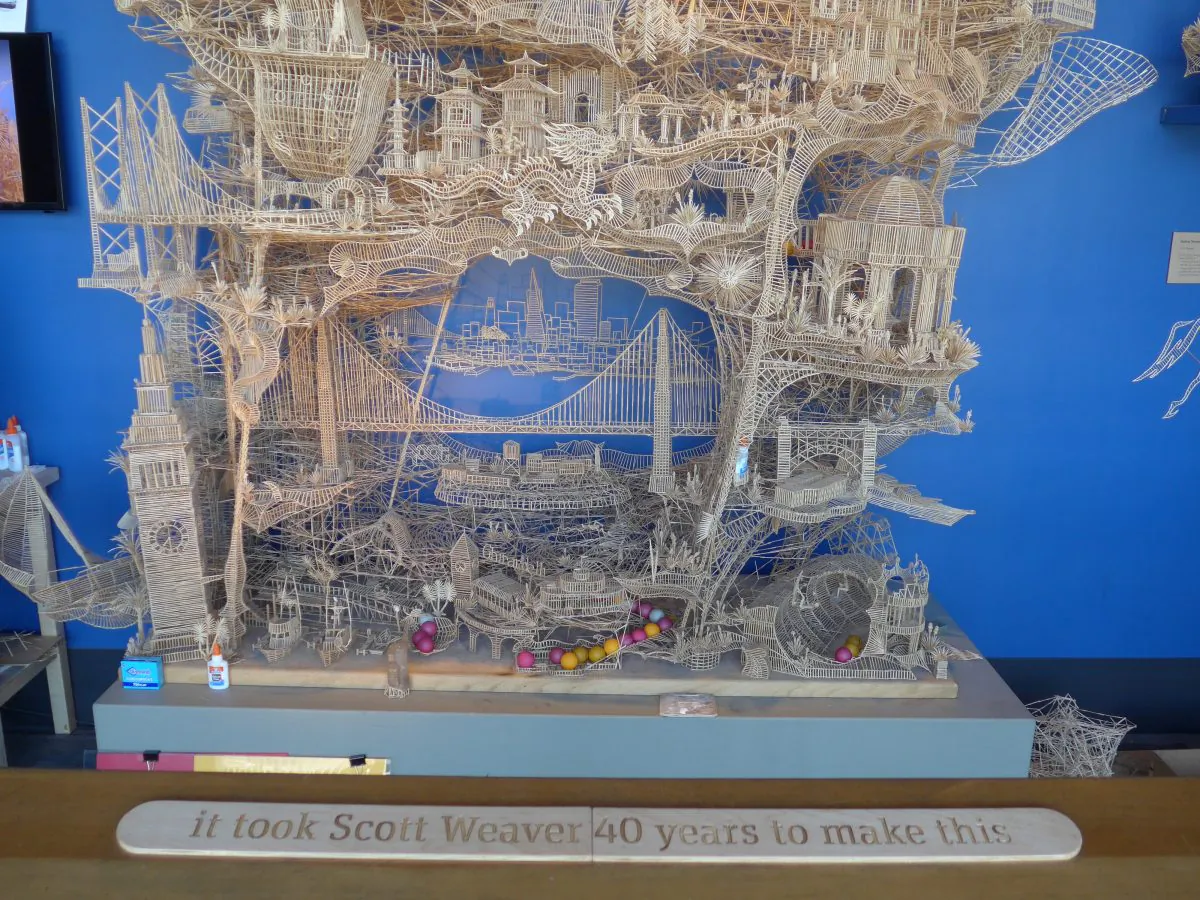 Scott Weaver's several-foot-tall toothpick sculpture, exhibited at the Exploratorium, shows San Francisco City and has pathways for ping pong balls to roll down. CORNELIA RITTER/EPOCH TIMES