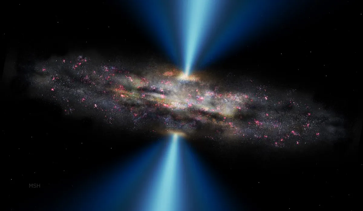 A black hole emits part of the accreted matter in the form of energetic radiation (blue), without slowing down star formation within the host galaxy (purple regions). (Michael S. Helfenbein/YaleUniversity/OPAC)