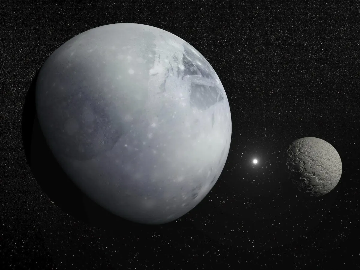 An illustration of Pluto, Charon, and Polaris. (Elena Duvernay/iStock)
