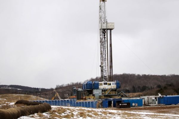 A Cabot Oil and Gas natural gas drill stands at a hydraulic fracturing site