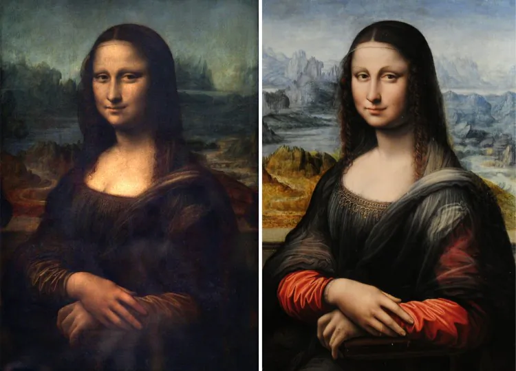 This combination picture made on February 1, 2012 shows a picture taken at Paris Louvre Museum on April 05, 2005 of the Portrait of Mona Lisa painted by Leonardo da Vinci (L) and a picture taken at Madrid's Prado Museum on February 1, 2012 of an authenticated contemporary copy of Leonardo da Vinci's Mona Lisa (R). (Jean-Pierre Muller-Javier Sorian/AFP/Getty Images)