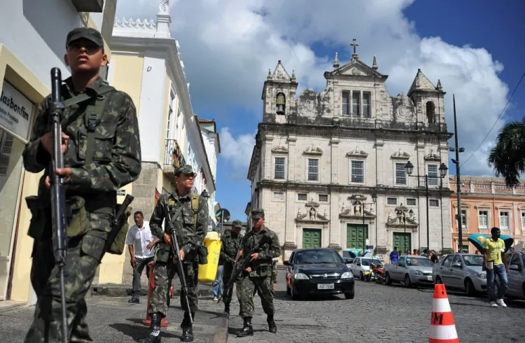 Brazilian soldiers patrol the city of Salvador as part of security operations following a strike by the state military police, on February 7, 2012. (Christophe Simon/AFP/Getty Images)