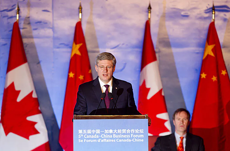 Canadian Prime Minister Stephen Harper delivers a speech during the closing of the 5th Canada-China Business Forum on February 9, 2012 in Beijing, China. Harper is on a five-day trip to China. (Diego Azubel/Getty Images)