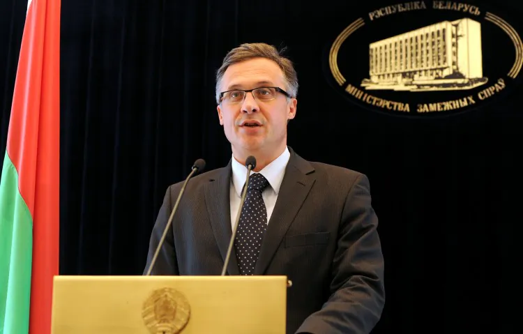 Belarus Foreign Ministry spokesman Andrei Savinykh briefs journalists on a recent Belarus-EU diplomatic crisis in Minsk, on February 29, 2012. (Viktor Drachev/AFP/Getty Images)