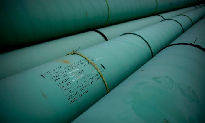 A photo shows pieces of the KeyStone XL pipeline on March 22, 2012 in Cushing, Oklahoma. (Tom Pennington/Getty Images)