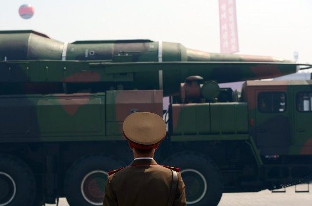 A military vehicle carries what is believed to be a class missile Intermediary Range Ballistic Missile during a military parade to mark the 100th birth of the country's founder Kim Il-Sung in Pyongyang on April 15, 2012. (Pedro Ugarte/AFP/Getty Images)