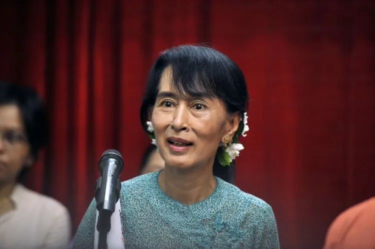 Burmese pro-democracy leader Aung San Suu Kyi and European Union Foreign Policy chief Catherine Ashton (not seen), talk to the media during a press conference inside the National League for Democracy (NLD) headquarters in Yangon on April 28, 2012. (Soe Than WIN/AFP/GettyImages)